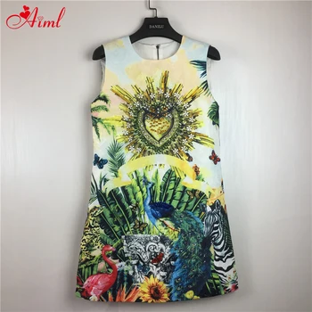 

Designer Fashion Summer Sleeveless Dress Female Animal Jungle Plant Print Crystal Diamond Jacquard Mini Short Vintage Dresses