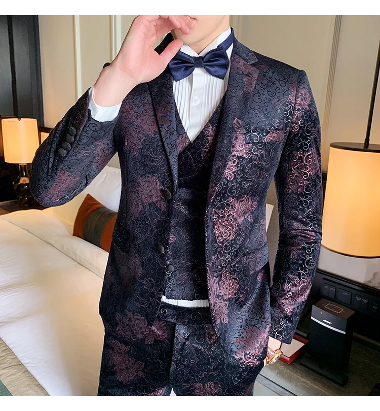 Costume De Luxe Pour Homme Baroque Vestito Matrimonio Uomo Royal Mens Luxury Suits Jacquard Flowers Heren Pak Velvet Ternos Slim