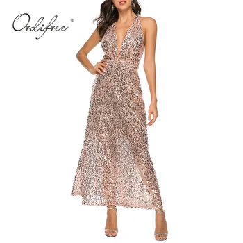 

Ordifree 2020 Summer Women Long Party Dress Off Shoulder Sexy Backless Gold Sequin Maxi Dress