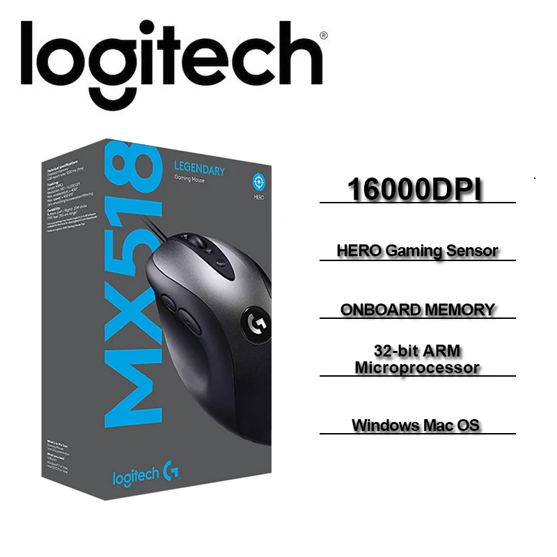 Logitech легендарные MX518 игровой Мышь HERO Сенсор с 16000 Точек на дюйм Встроенная память 5