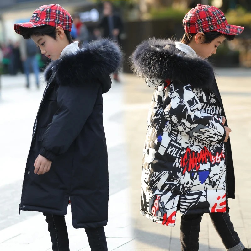 

boys and girls Down jacket White duck down Raccoon fur collar big kids winter jacket unisex reversible long thick Russian winter