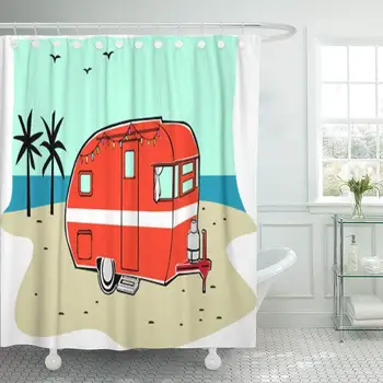 

Blue Retro Happy Hippie Vintage Tiki Beach Travel Trailer Polyester Fabric Shower Curtain Sets with Hooks Waterproof Mildew
