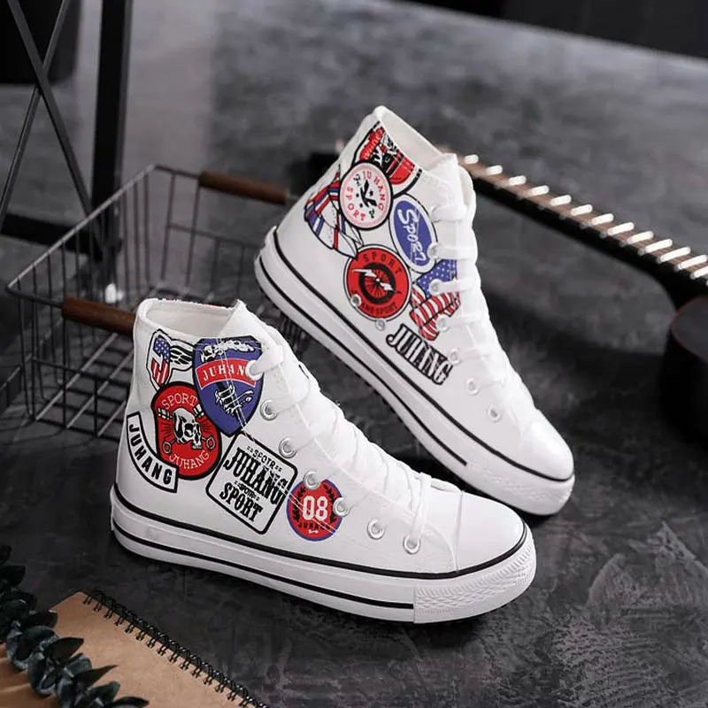 

Male Fashion Hand-Painted Mens Sneakers Casual High Tops Tenis Masculino Zapatillas Hombre Men White Black Canvas Shoes A55-39