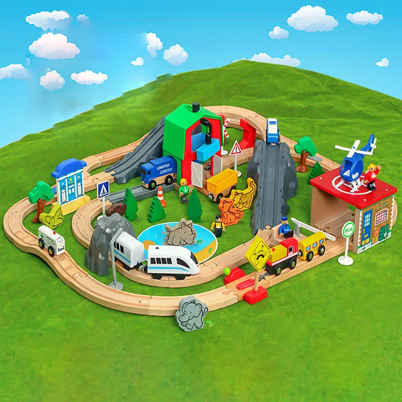 Kopen Houten Trein Spoor Set Kids Houten Spoorweg Puzzel Slot Transit Hout Rail Transit Hout Trein Railway Elektrische Speelgoed Treinen Voor kids