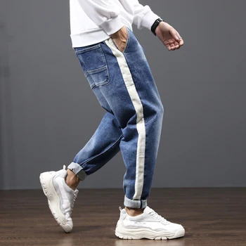 

Fashion Streetwear Men Jeans Japanese Vintage Designer Denim Harem Pants Hombre White Stripe Spliced Loose Fit Hip Hop Jeans Men