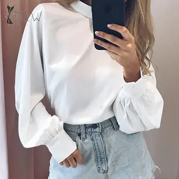 

Satin White Blouse Shirt Women Casual Long Sleeve Blouse Tops Autumn Winter Fashion Retro Green Loose Blusa Mujer