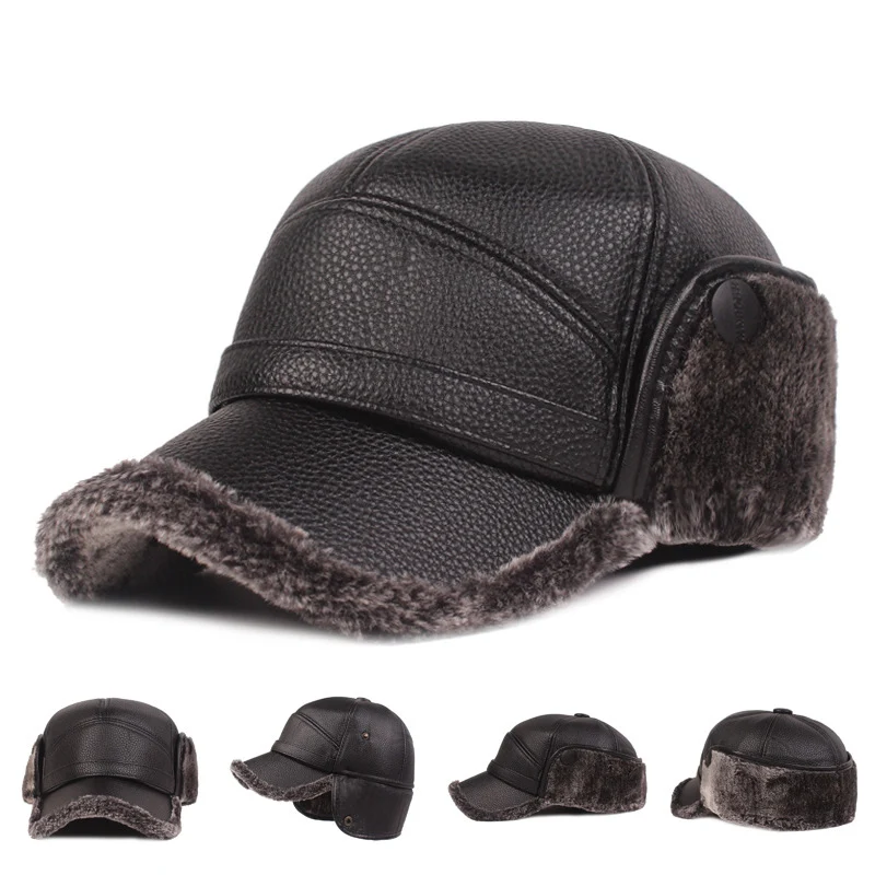 HanXi Winter Men Earflaps Baseball Cap Warm Leather Thicker Snapback Cap Men Father's Hats Ear Faux Fur Protection Casquette