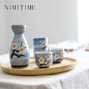 

NIMITIME Japanese Style Sake Wine Green Plum Wine Set Glaze One Pot Four Cup With Gift Box Set Drinkware