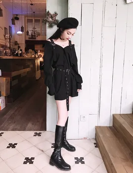 

Spring Autumn New Style Fashion Retro Hong Kong Flavor Camisole off-Shoulder Lace-up Long-sleeved Shirt Dress Fashion