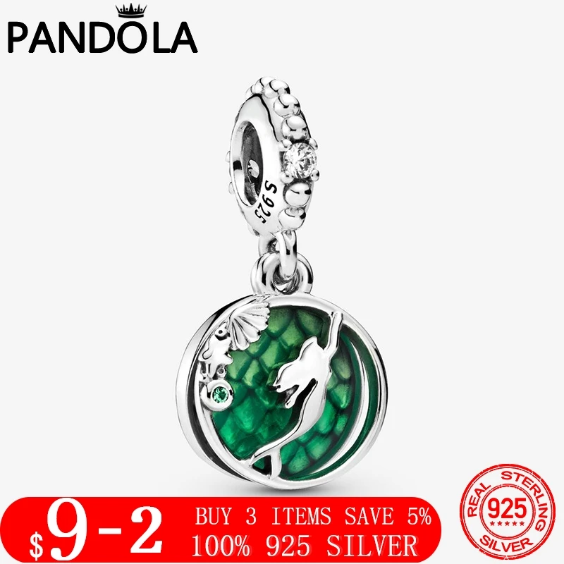 

New HOT 925 Sterling Silver Mermaid Dangle Charm Green Beads Fit Original Pandora Bracelet Pendant Necklace Jewelry Gift