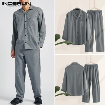 

Fashion Men Pajamas Sets Casual Homewear Lapel 2020 Long Sleeve Loungewear Shirt & Pants Solid Sleepwear Mens Sets INCERUN S-5XL