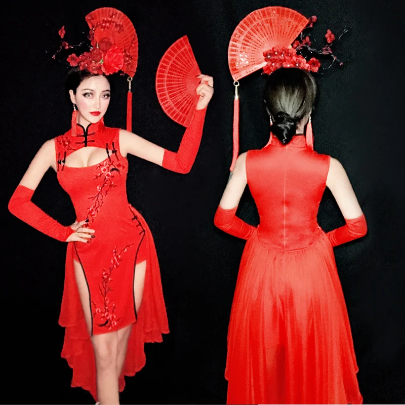 Красный сексуальный ночной клуб певица ретро чонсам костюм производительности DS DJ для взрослых этап цельные платья партии платье сетка