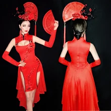 Красный сексуальный ночной клуб певица ретро чонсам костюм производительности DS DJ для взрослых этап цельные платья партии платье сетка