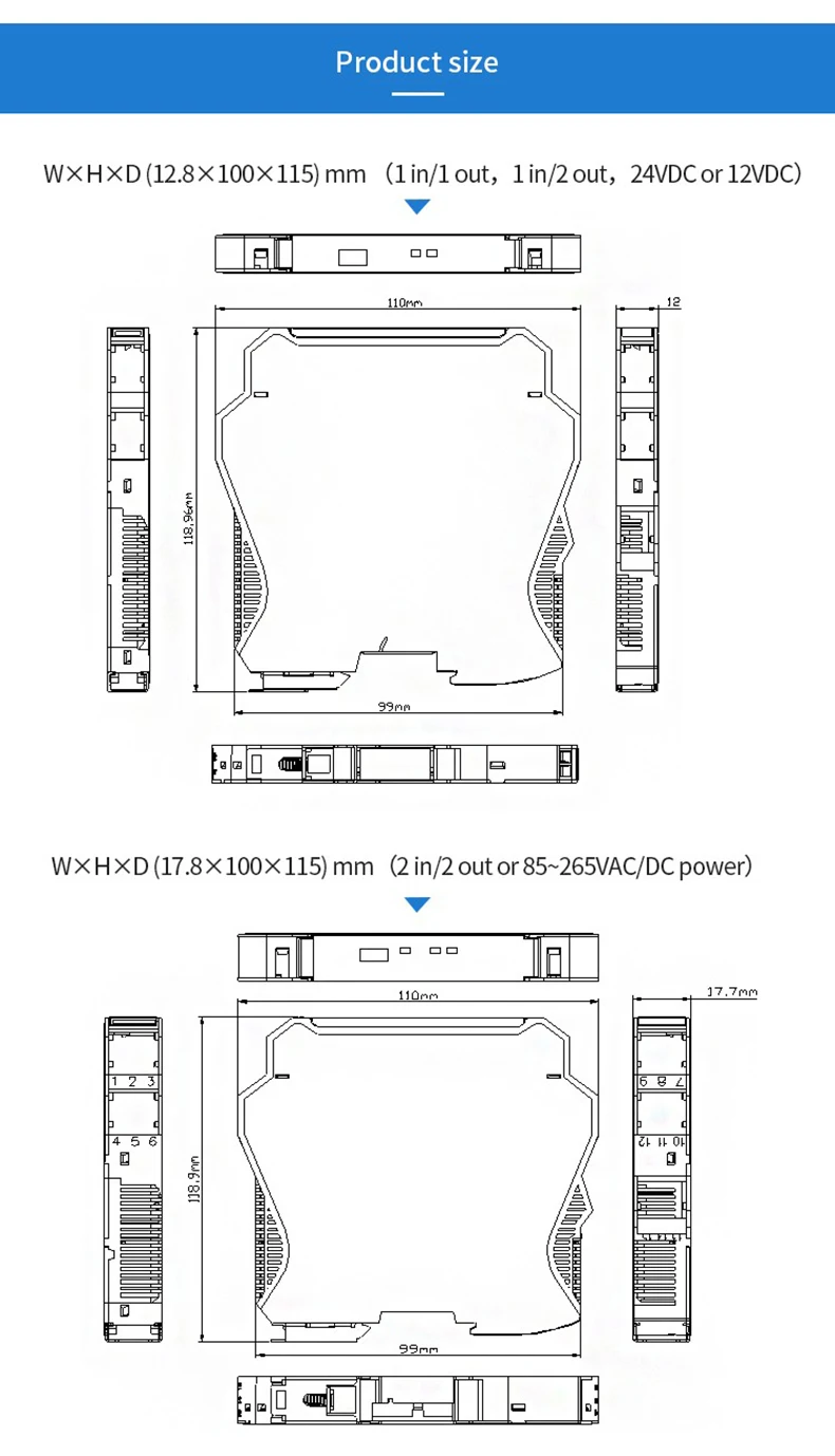 1 em 1 para fora, 4-20mA, 0-10V, 5V, RTD, pt100