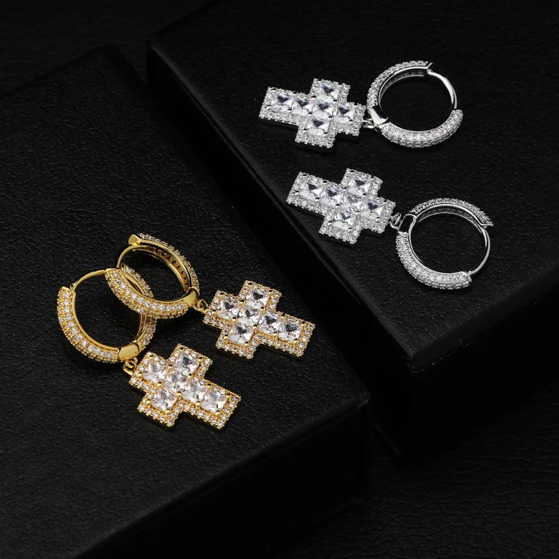 

Iced Out Earrings with Short Cross Huggie Earrings for Men and Women Hip Hop Earrings with CZ Zircon Punk Style Hip Hop Jewelry Streetwear