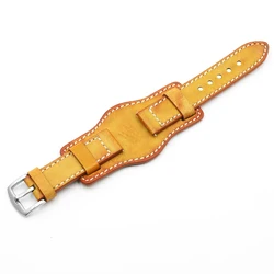 Vintage Handmade Genuine Leather Watch Strap Cuff with Matte Cowhide Band - 22mm (Yellow)
