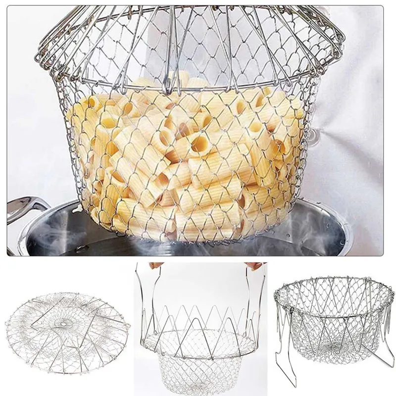 Foldable Steam Rinse Strainer Stainless Steel Colander Basket Drainer Frying French Fryer Tool Kitchen Cooking Basket