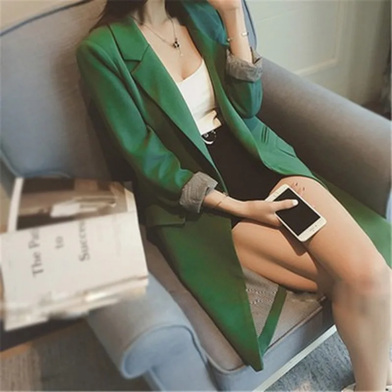 Single One Button Women Long Blazer Jacket Spring Autumn 2020 Slim Outwear Elegant Overcoat 2 Pockets OL Suits Coat Female