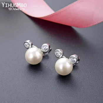 

YIHUGMBO Cute Natural Shell Pearl Stud Earrings for Women 925 Sterling Silver Wedding Jewelry Korean Zircon Statement Earrings
