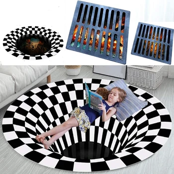 

Vortex Illusion Rug 3D Trap Effect Bottomless Hole Carpet Round Black White Grid Room Bedroom Anti-Slip Floor Mats Fashion