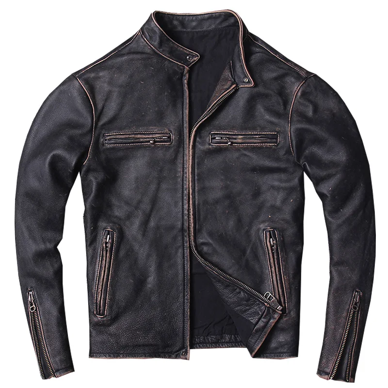 

2020 Vintage Black Men Slim Fit Motorcycle Leather Jacket Plus Size XXXXL Genuine Cowhide Spring Short Biker Coat FREE SHIPPING