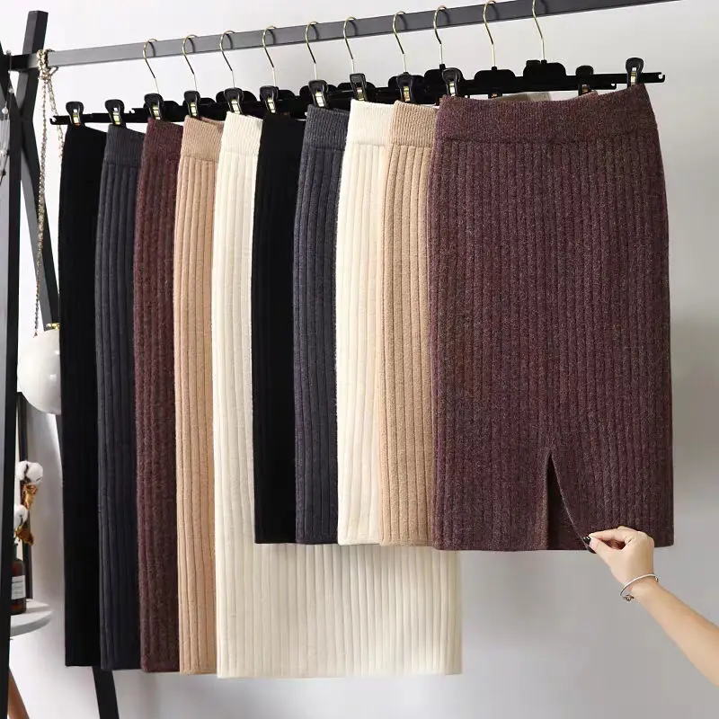 Women Midi Pencil Skirt Back Slit Bodycon Elegant Autumn Winter Casual Knitted Skirt High Waist Skirts Female Jupe Femme Faldas