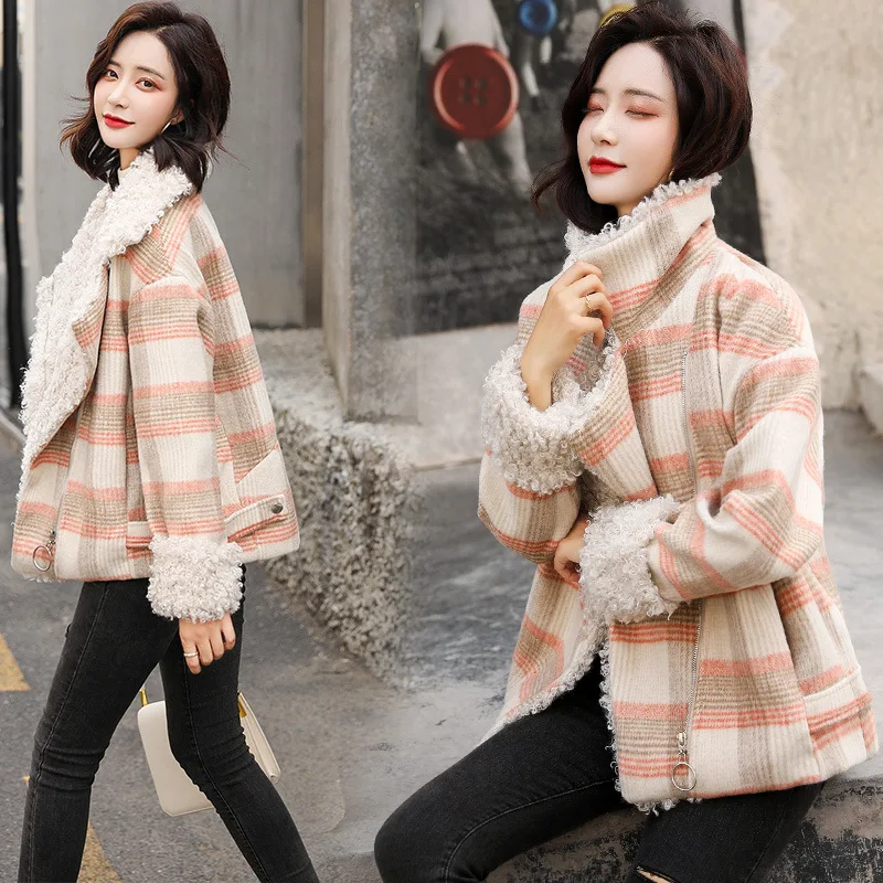 

2019 Autumn Short-height Short Woolen Overcoat Women's Korean-style Loose-Fit Lambs Wool Plaid Woolen Coat Wool Lamb