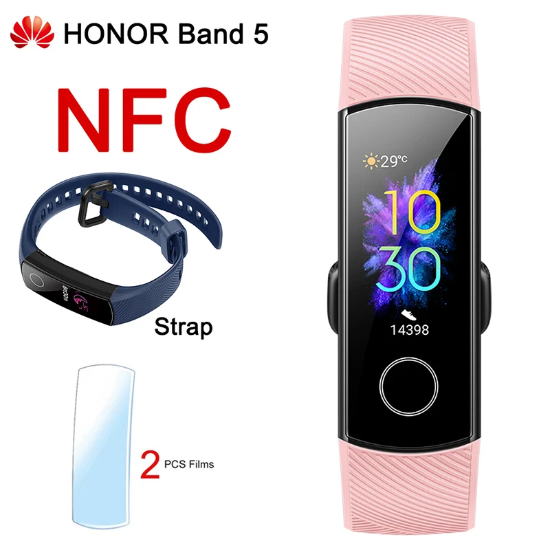 Pink NFC Blue Смарт-браслет huawei Honor Band 5 NFC, измеритель пульса, кислорода в крови, спортивный смарт-браслет huawei Honor Band 5, умный Браслет - Цвет: Pink NFC Blue