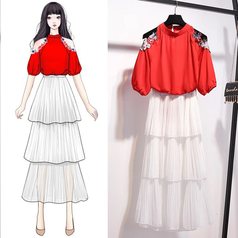 

Skirt Women's 19 New Style off-Shoulder Embroidered Half-sleeve Shirt Chiffon Tops Pleated Cake Dress Skirt Two-Piece Set