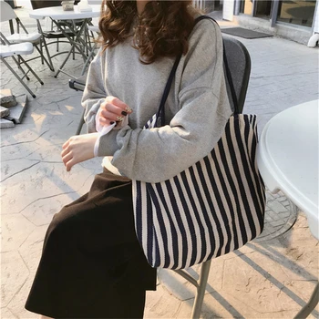 

large capacity version classic retro stripe single shoulder bag chic simple canvas bag street pat cloth women bag