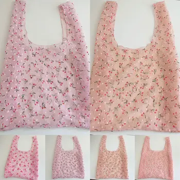 

Women Mesh Tote Bag Tulle Embroider Fruit Handbag Casual Flower Cute Female Shopping Bag Sweet Girl Small Transparent Eco Bag