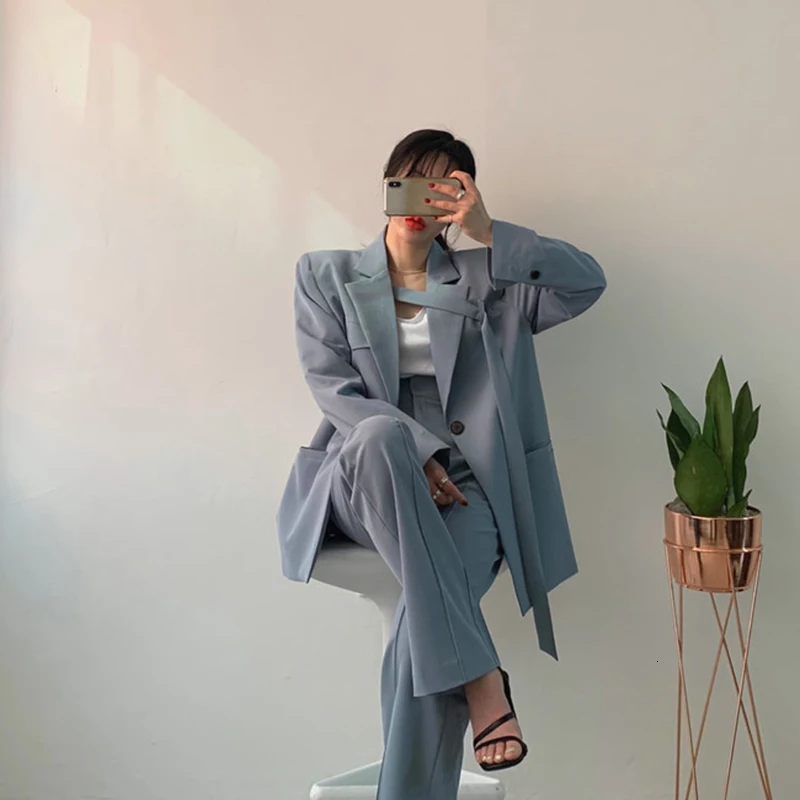 GALCAUR, корейский Блейзер на шнуровке для женщин, квадратный длинный рукав, карман, свободный, большой размер, повседневный Женский блейзер,, осенняя мода