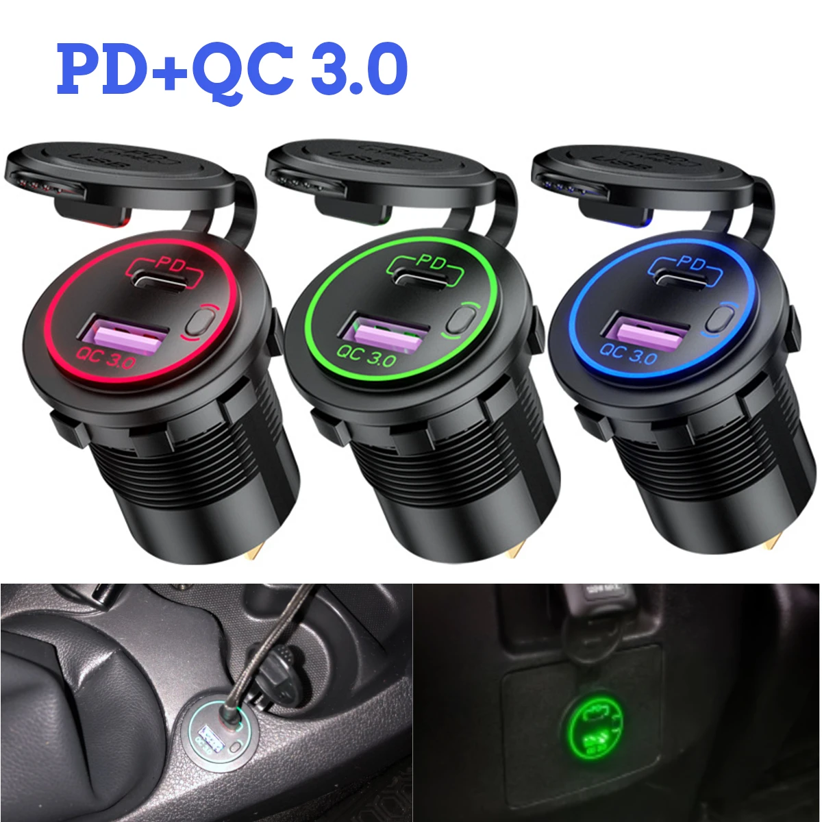 

PD Type C QC 3.0 USB Car Charger Socket with Switch Power Outlet Adapter Waterproof for 12V 24V Truck Boat RV Motorcycle