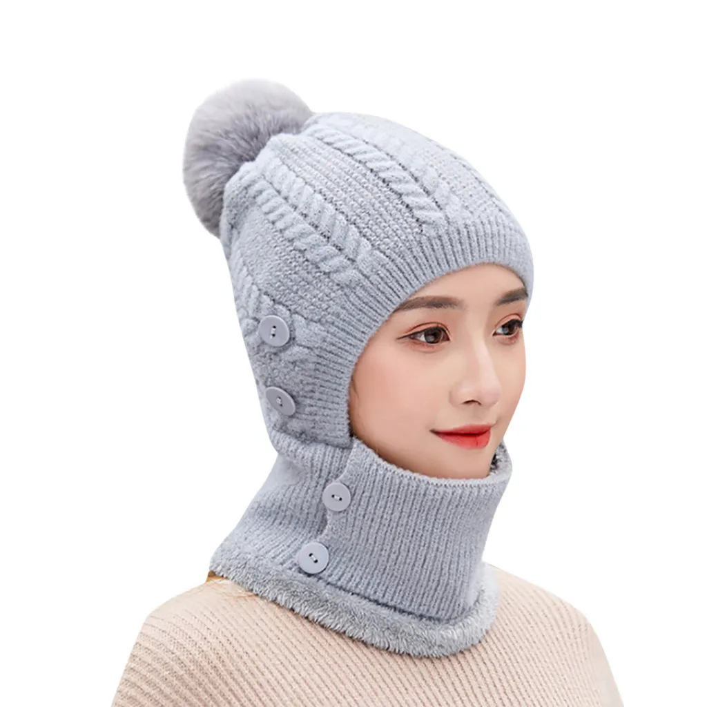 C Универсальные многофункциональные Зимние шапки Skullies, теплые одноцветные кнопки, теплый вязаный шарф, шерстяная шапка, головной убор, femme hiver - Цвет: C