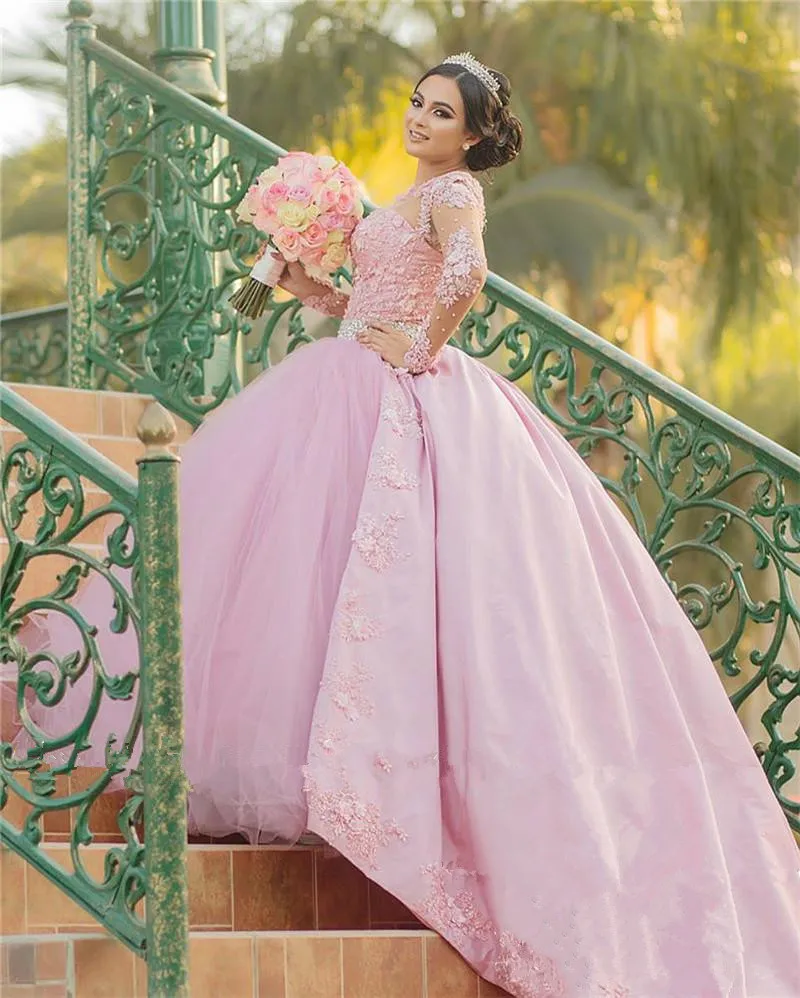 С милым розовым бантом 16 Пышное Платье бальное платье Винтаж кружевная одежда с длинным рукавом 3D с цветочным узором, Vestidos 15 Anos размера плюс пышные платья для выпускного бала