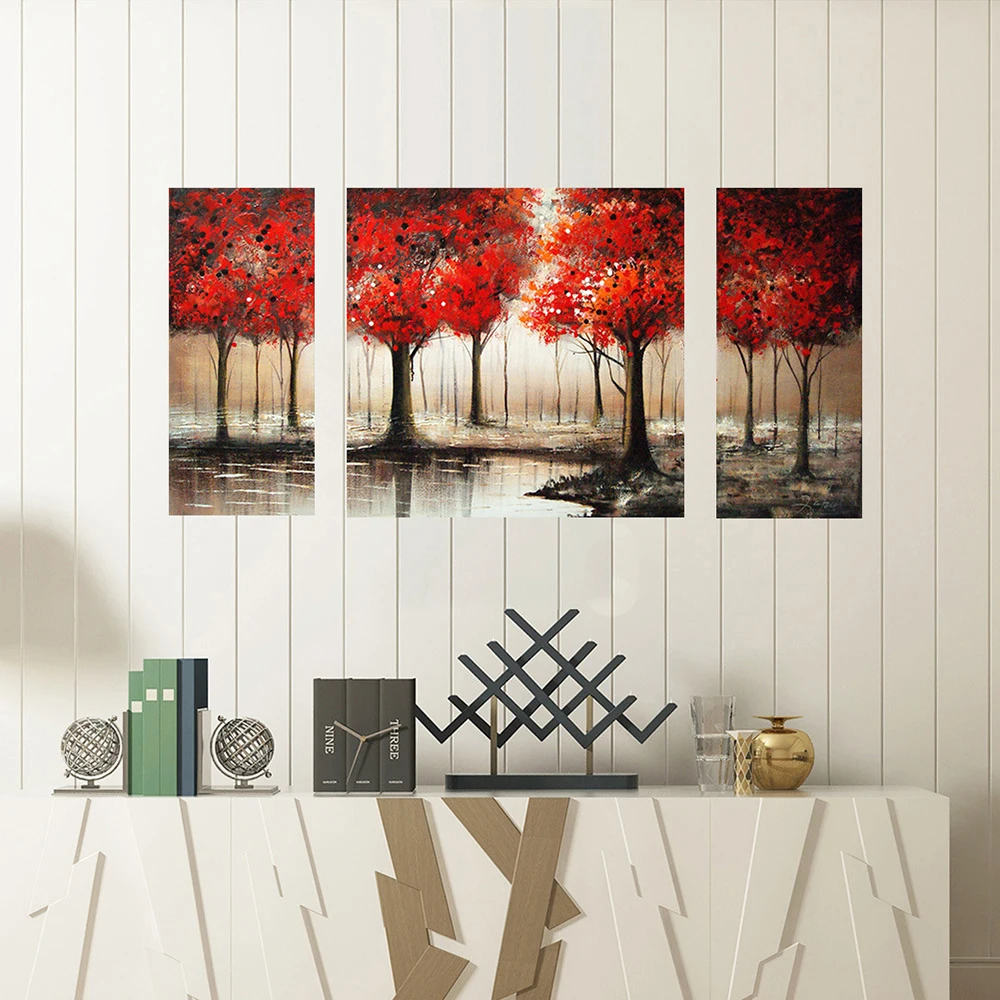 3D Ручная роспись искусство красный лес Тройная картина маслом настенные