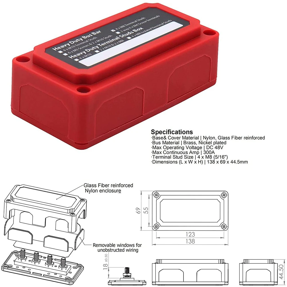 Highest Amperage Rated DC 48v 300A 4 Terminal Studs Distribution Block Heavy-Duty Modular Design Car Bus Bar Cable Organizer Box power distribution block bus bar box