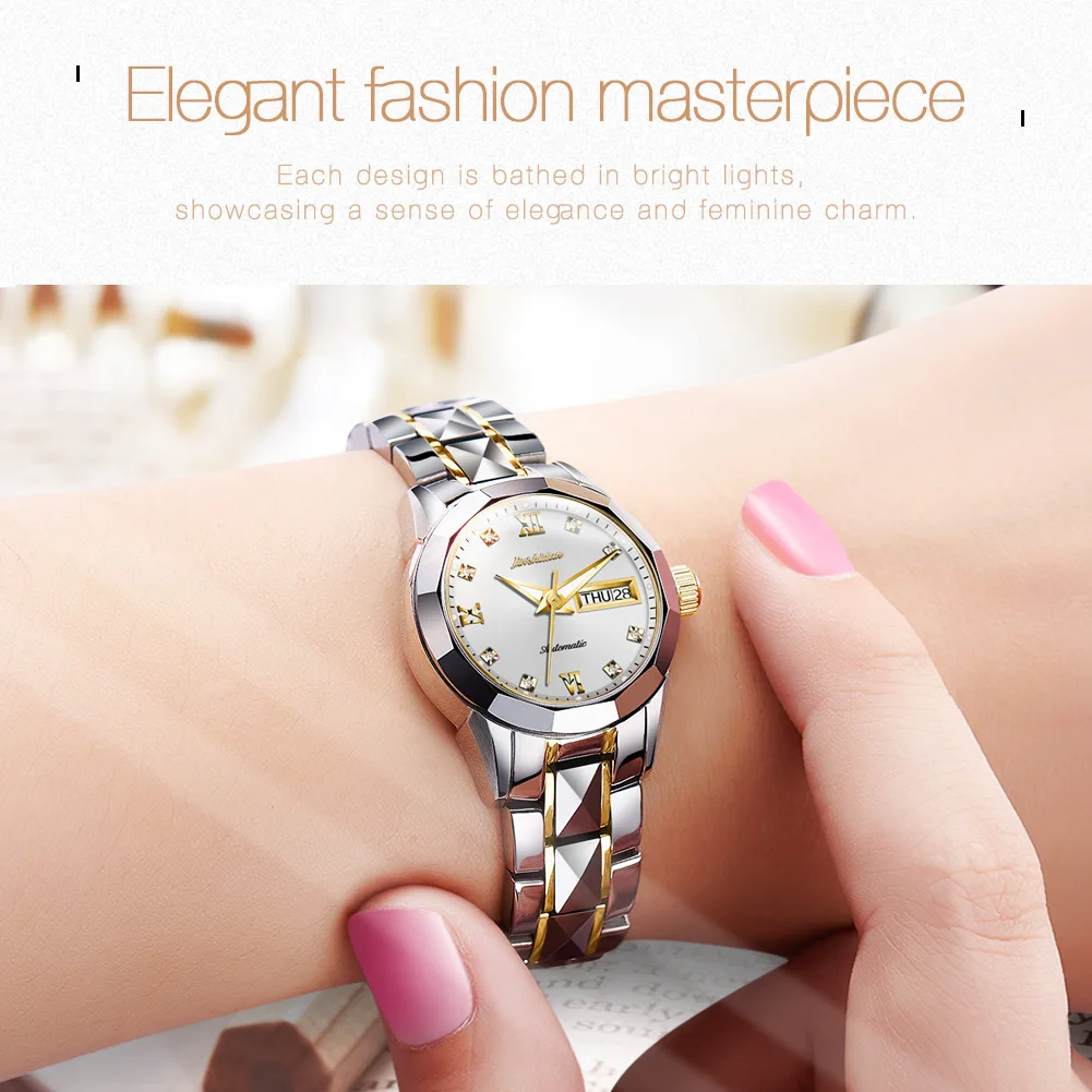 

New Imported Movement Mechanical Women Watches Tungsten Steel Luminous Waterproof Calendar Date Week Lady Wristwatch Girl Gifts