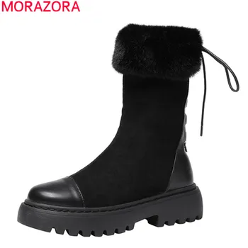 

MORAZORA 2020 New brand keep warm snow boots genuine leather lace up ladies shoes med heels round toe winter ankle boots