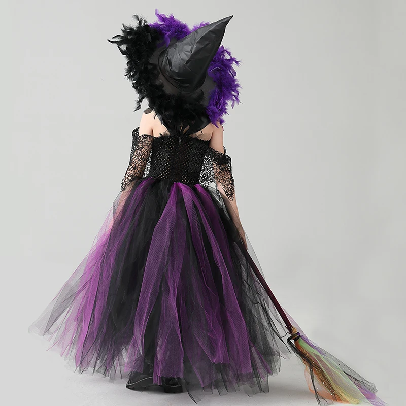 Wicked Witch Halloween Costume Purple Black Girls Fairytale Witch Tutu Dress with Feather Hat Kids Carnival Disguise Gown Dress