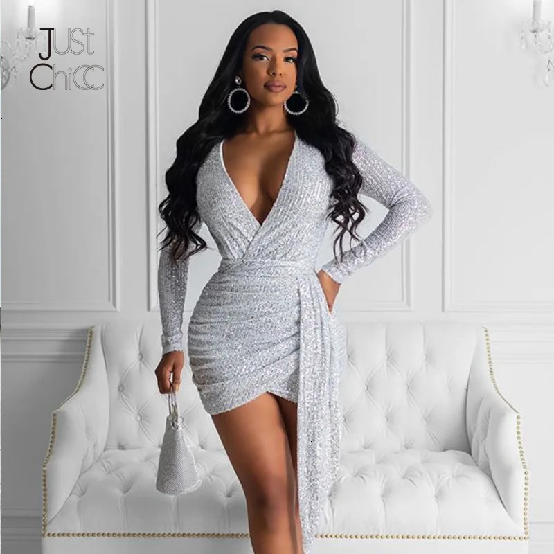 Justchicc Silver Sequin Bandage Dress Women Sexy Deep V Neck Long Sleeve Bodycon Dress Ruched Club Party Mini Dress Vestidos