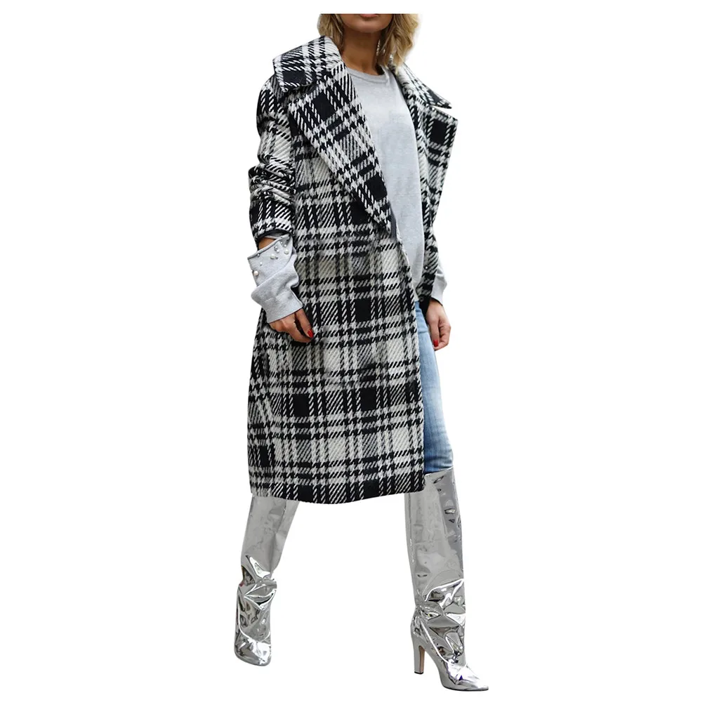 KANCOOLD, Женское зимнее клетчатое модное элегантное пальто с принтом, пальто с длинным рукавом, пальто Ms. Plaid, средней толщины, прямое кашемировое пальто