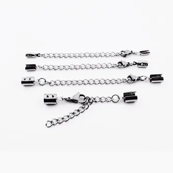 

2/3/4/5mm Stainless Steel Cord End Crimp Caps For Jewelry Necklace Bracelet Rectangle With Lobster Clasp 5cm Extension Chain