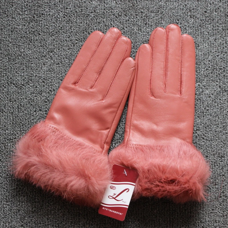Кожаные перчатки с милым кроличьим мехом осенние и зимние кашемировые теплые перчатки из овчины варежки из натурального меха Горячая Распродажа