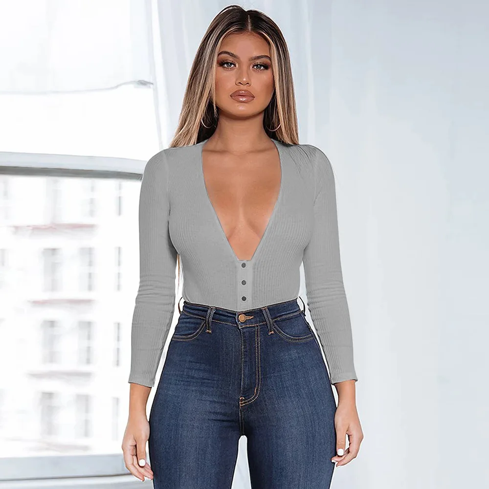

Pure Color Pit Deep V Button Long Sleeve Slim Bottoming Bodysuit