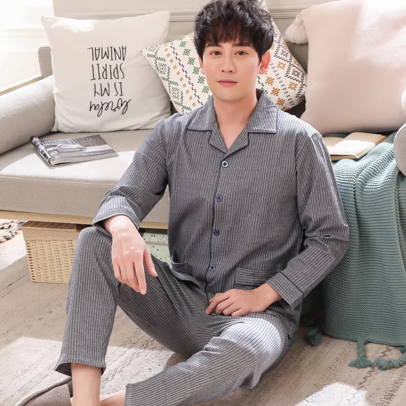 

Yarn Dyed Top Grade Men Pajamas Autumn & Winter Long Sleeve Fold-down Collar Pure Cotton Stripes Home Wear Simple-Outer Wear MEN