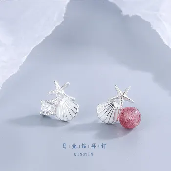 

S925 Silver Zircon Starfish Shell Non-symmetrical Ear Stud MORI Series Sweet Natural Strawberry Crystal Earrings Stall Product