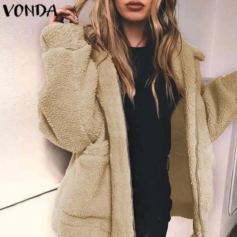 

VONDA Elegant Faux Fur Coat Women 2018 Autumn Winter Warm Soft Zipper Fur JacketS Female Plush Overcoat Casual Outerwear 5XL
