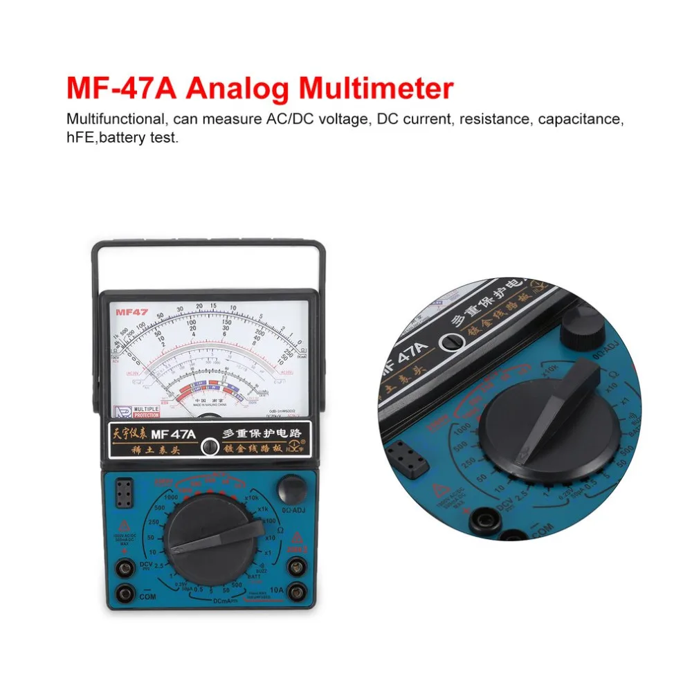 

MF-47A Analog Multimeter DC/AC Voltage Current Meter Battery Test Handheld hFE Tester Multitester Buzzer Alarm Pointer
