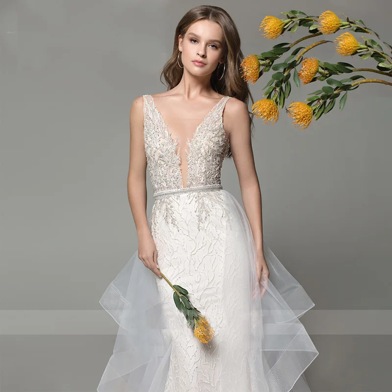 『Cheap!!!』- MACDUGAL Elegant Wedding Dresses 2021 Sexy Lace
V-neckline Luxury Beaded Detachable Train Bride Dress Vestido De Novia